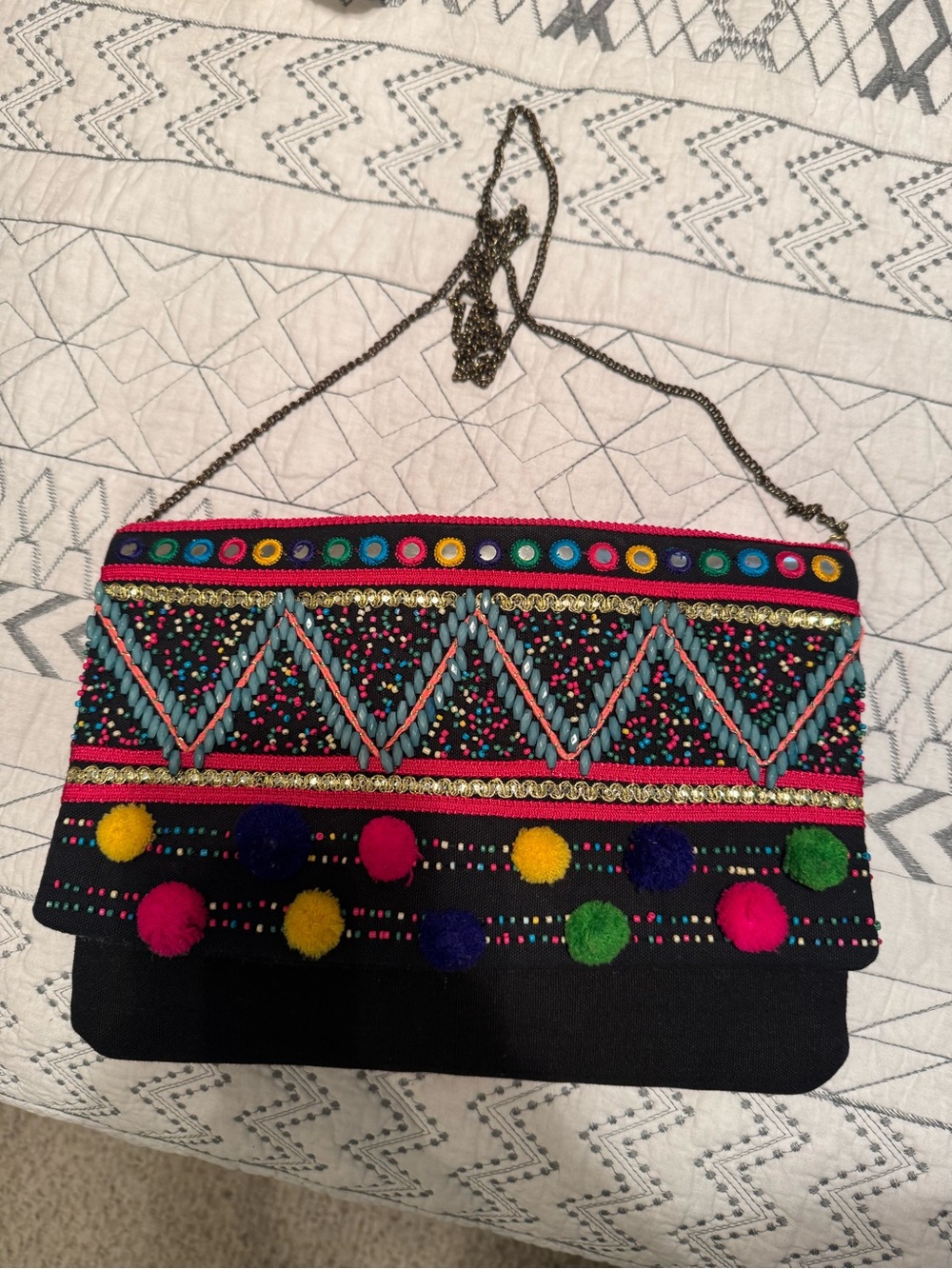 Boho Pom-Pom Embroidered Crossbody Bag – Black